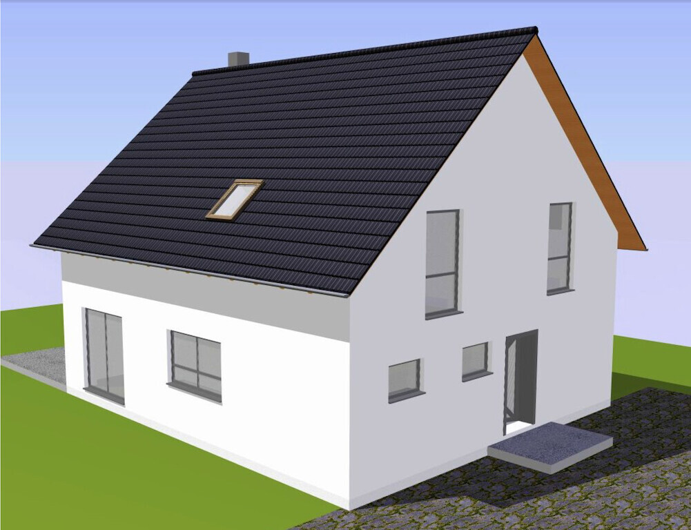 Modern white detached house with dark gable roof, window fronts and entrance steps.