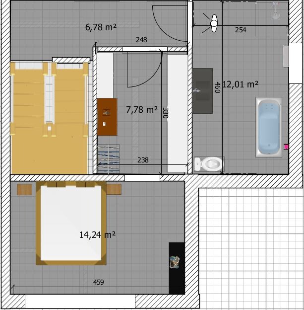 2D-Grundriss eines Hauses mit Schlafzimmer, Bad, Flur und Aussenbereich
