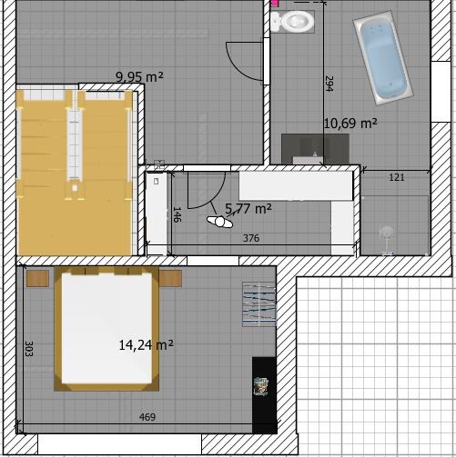 2D-Grundriss eines Hauses mit Schlafzimmer, Bad, Flur und Wohnzimmer, Maßangaben in Quadratmetern