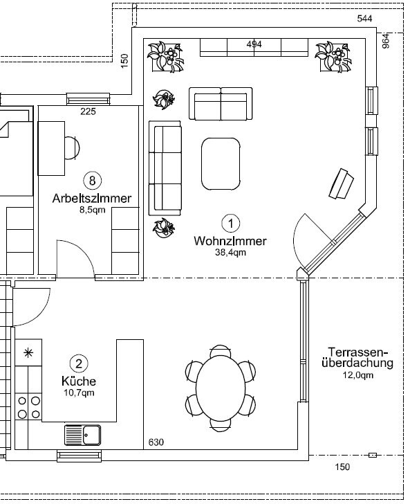Open floor plan showing living room, kitchen, and terrace with dining table and seating.