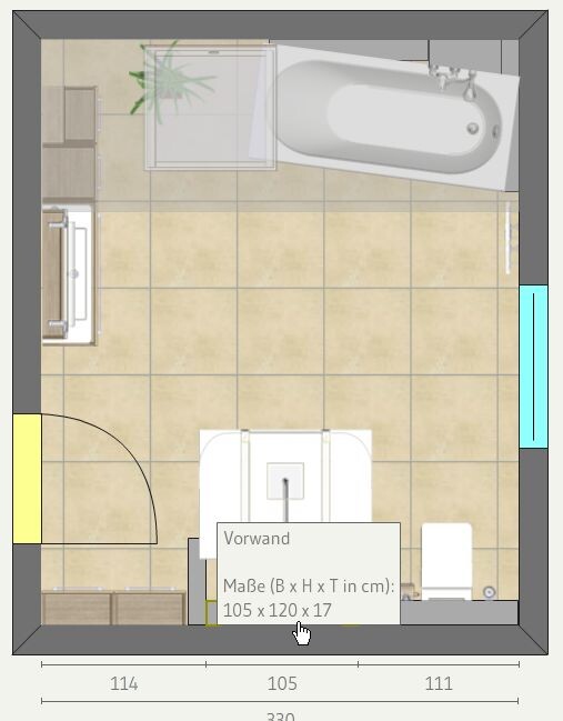 Grundriss eines Badezimmers von oben: Dusche links, Badewanne rechts, Waschbecken in der Mitte.