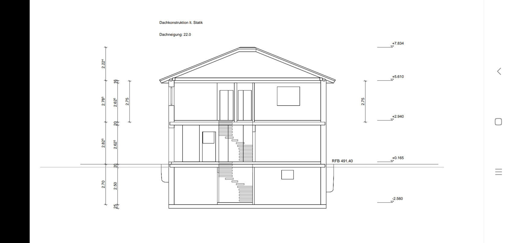 Cross-section drawing of a two-story house with stairs, doors, windows, and roof.
