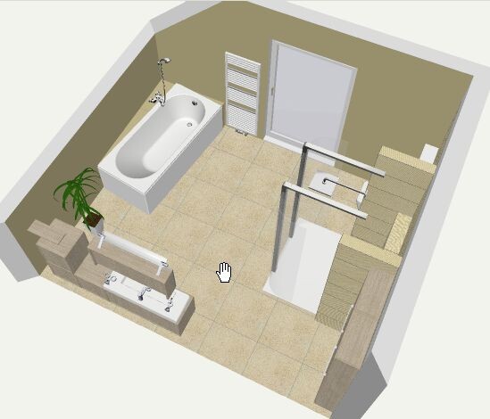 3D-Badlayout: Badewanne links, Doppelwaschtisch unten, Glasdusche rechts, Heizkörper, Pflanze.