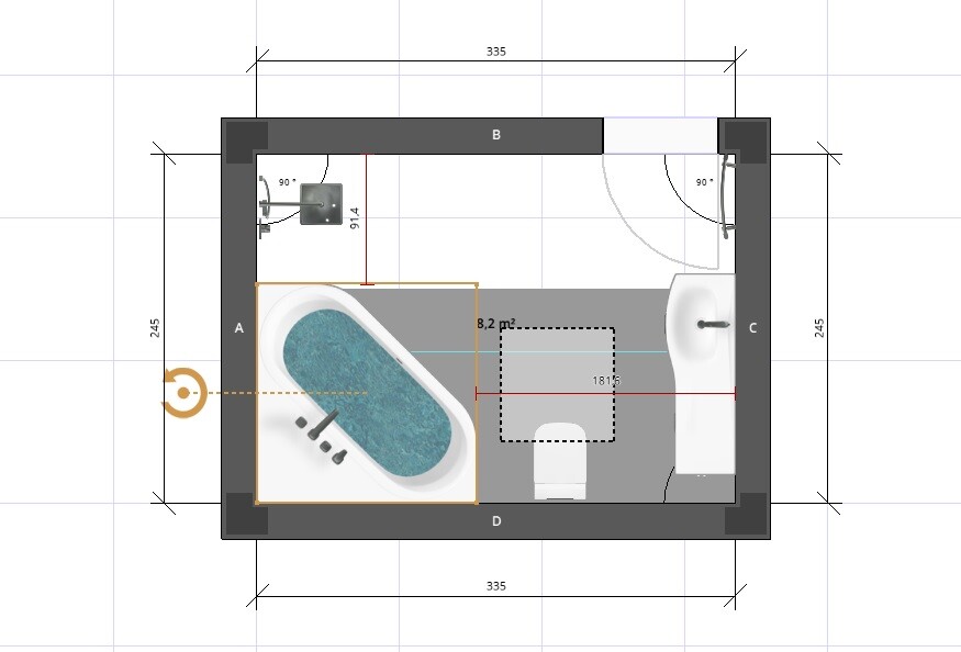 Top-down floor plan of a bathroom with bathtub, toilet, and sink