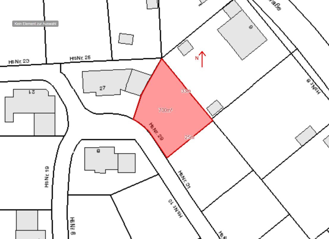 Lageplan: rotes, abgegrenztes Grundstück von 700 m², Maße 33 m x 25 m, in Wohngebiet.