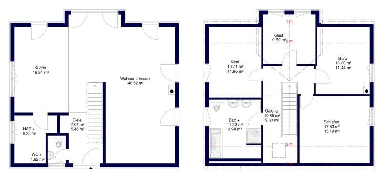 Floor plan: ground floor kitchen, living/dining, hallway, WC; upper floor guest, child, office, bedroom, bathroom, gallery.