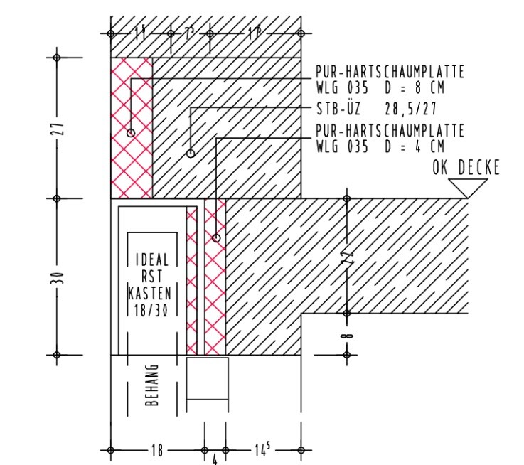 Detail drawing of a wall-ceiling construction with PUR rigid foam panels (8/4 cm) and box 18/30.