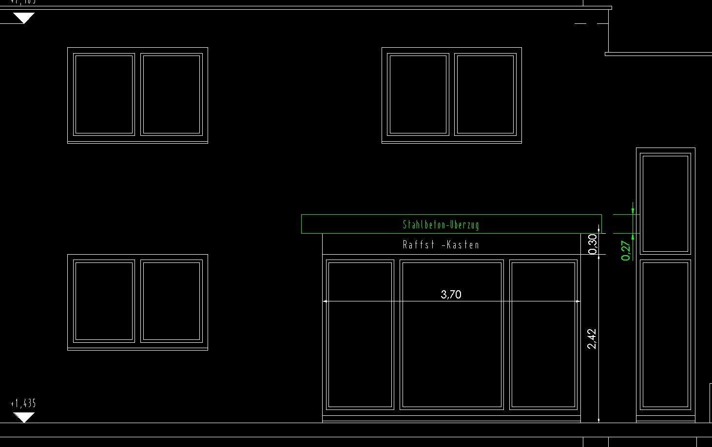 Architectural CAD: facade section with windows, door, and green reinforced concrete lintel.