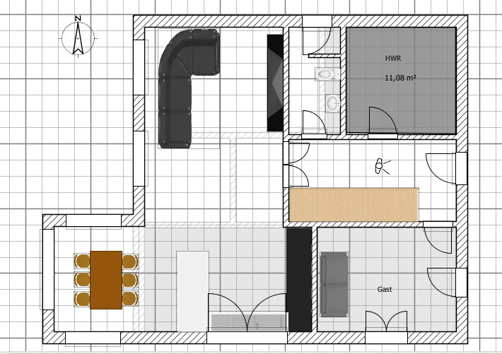 2D floor plan of a house with an open kitchen, dining area, living room, and other rooms