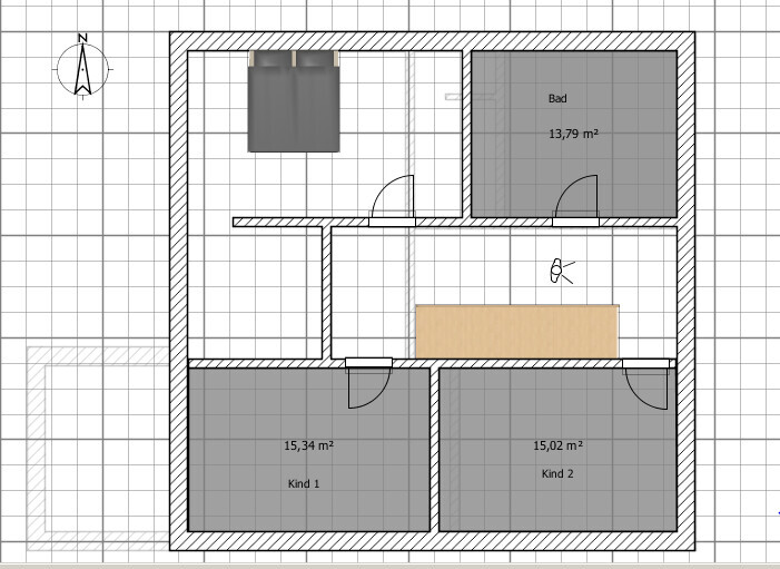 2D floor plan of a house with bathroom, two children's rooms, and bedroom
