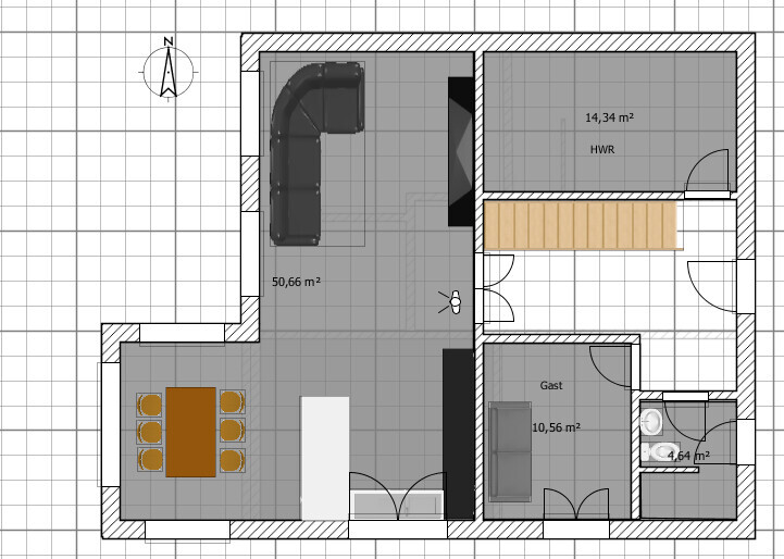 2D floor plan of a house with living room, kitchen, dining area, bathroom, and guest room