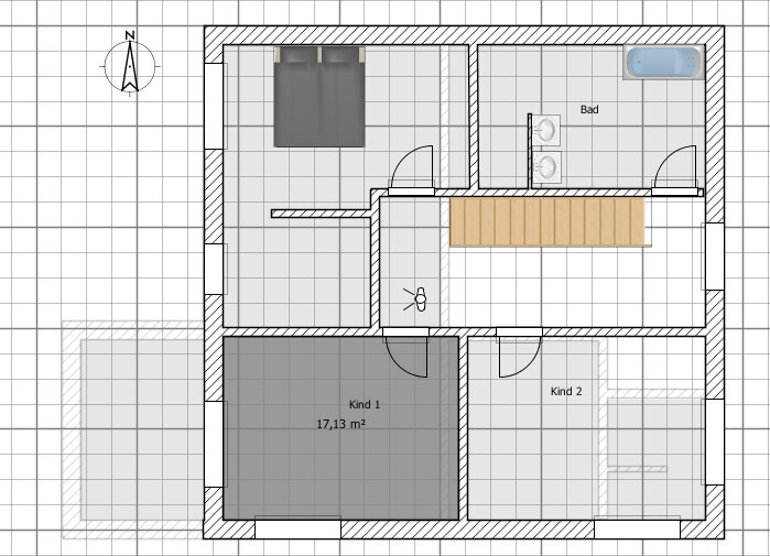 2D floor plan of a house with two children's rooms, bathroom, hallway, and staircase area