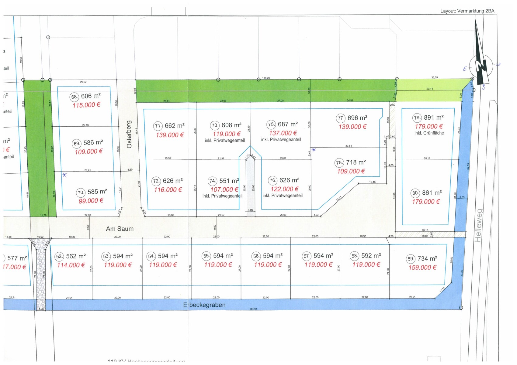 Site plan of a residential area with plots, streets, green spaces, and prices