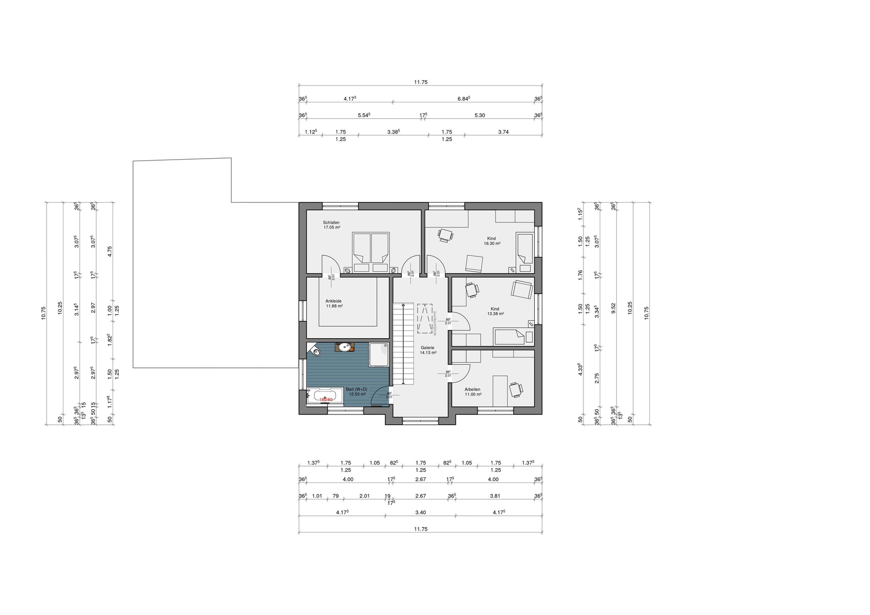 Upper floor plan: bedroom, dressing room, bathroom, gallery, study, two children's rooms.
