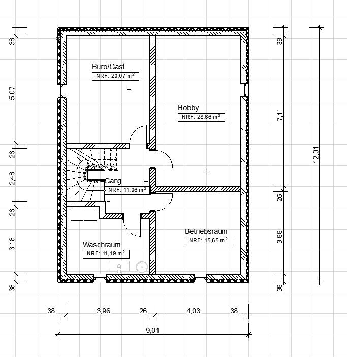 Grundriss eines Gebäudeteils mit Büro/Gast, Hobbyraum, Waschraum, Betriebsraum und Flur/Treppenhaus.