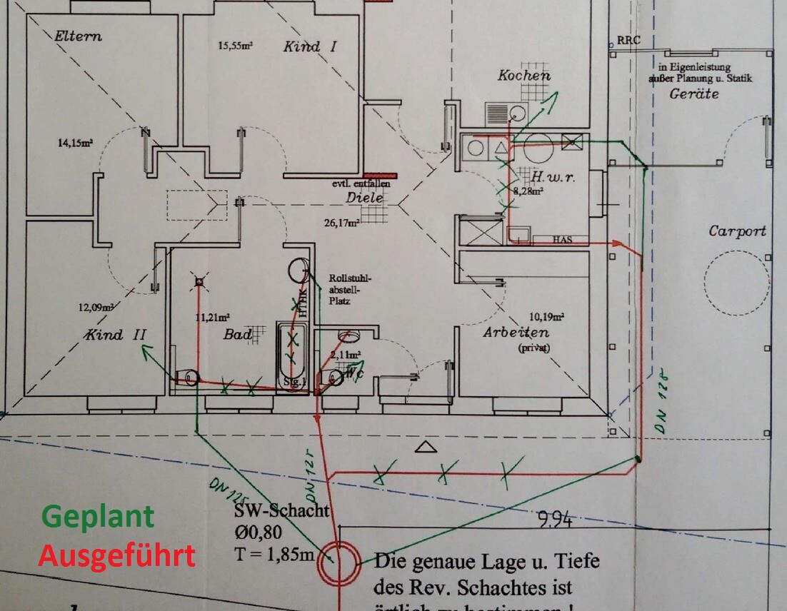 2D floor plan of a house with kitchen, bathroom, hallway, rooms, and carport
