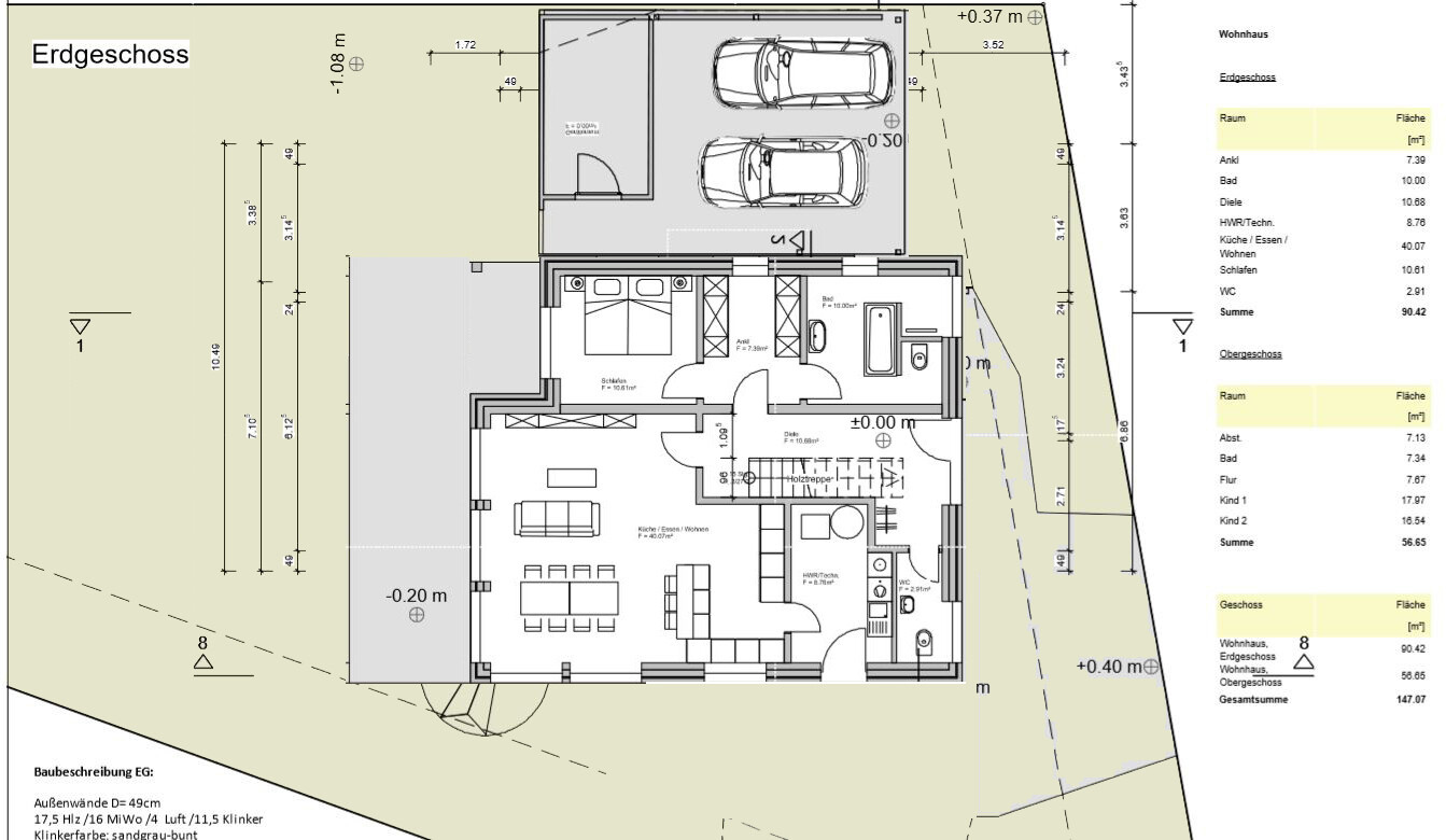 Ground floor layout: garage, living and dining area, kitchen, hallway, bathroom, stairs, outdoor spaces.