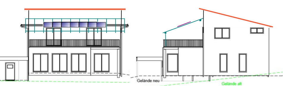 Two buildings: left modern house with balcony and solar panels, right old building; terrain new/old