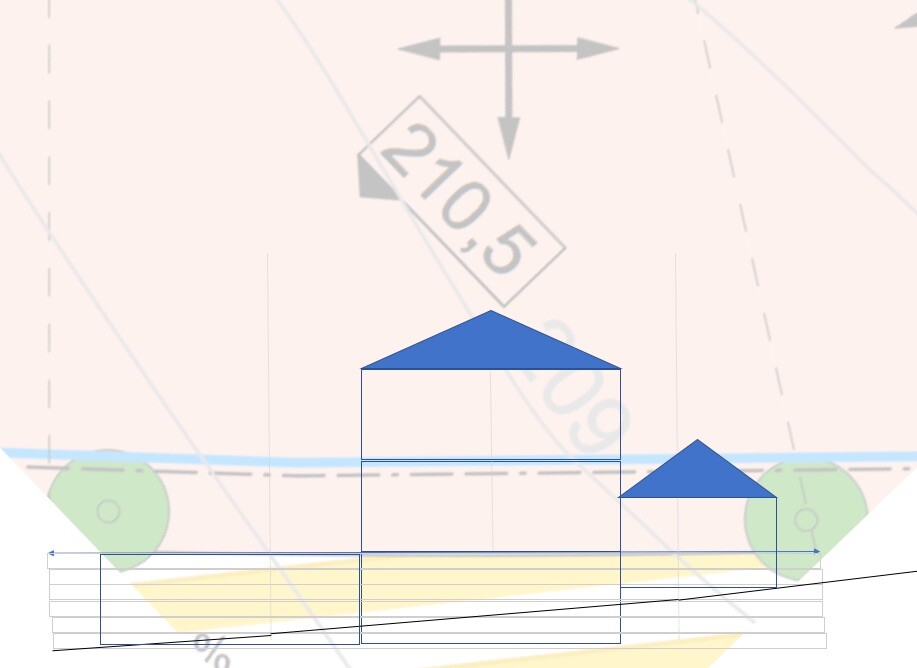 Architectural sketch: two-block building with blue roofs on sloped terrain and dimensions