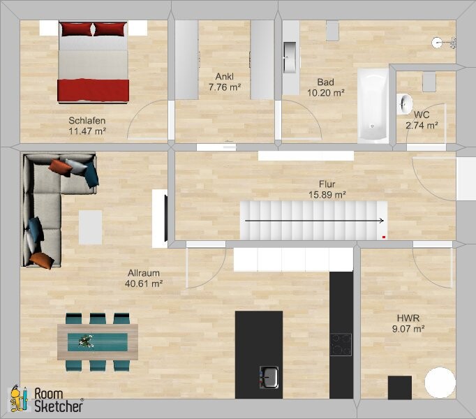 Floor plan of a house: bedroom, dressing room, bathroom, toilet, hallway, open living area with kitchen, utility room.