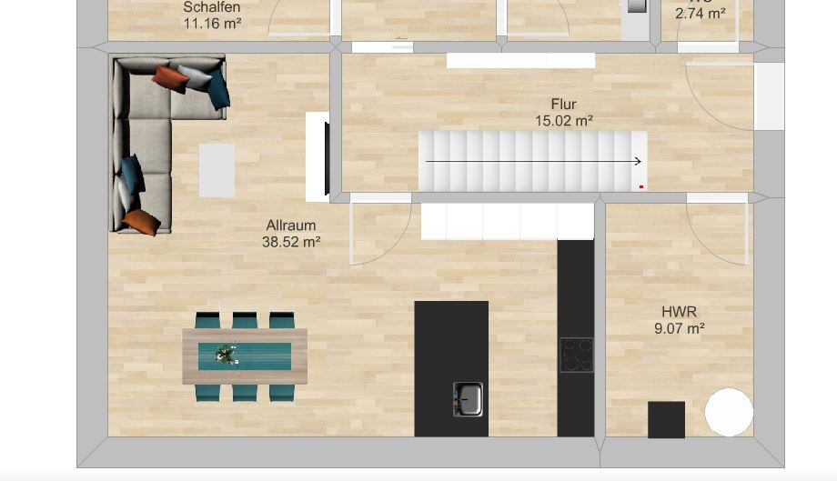 Floor plan of a living and dining area with kitchen island, staircase, hallway, and utility room