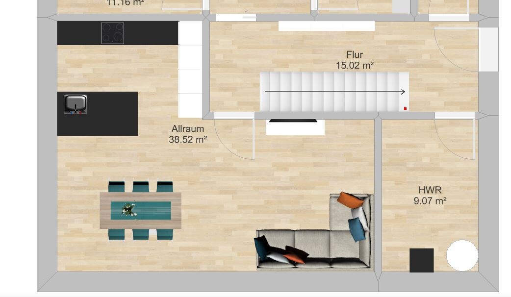 Floor plan of an open living space with kitchen (island), dining table, sofa, hallway, and utility room; staircase.