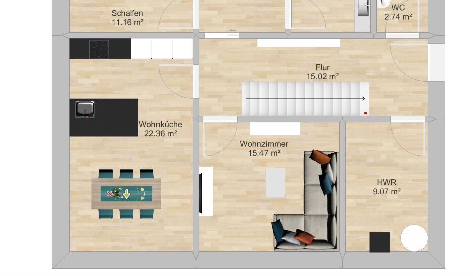 Floor plan of a house with open kitchen/living area, dining area, living room, bedroom, hallway, WC, and utility room.