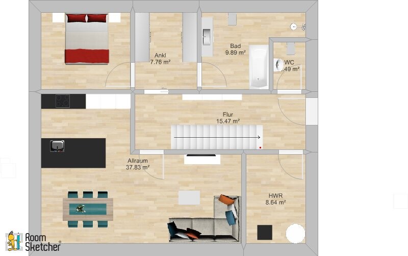 Grundriss: Offenes Allraum-Küche, Schlafzimmer, Ankleide, Bad, WC, Flur, HWR