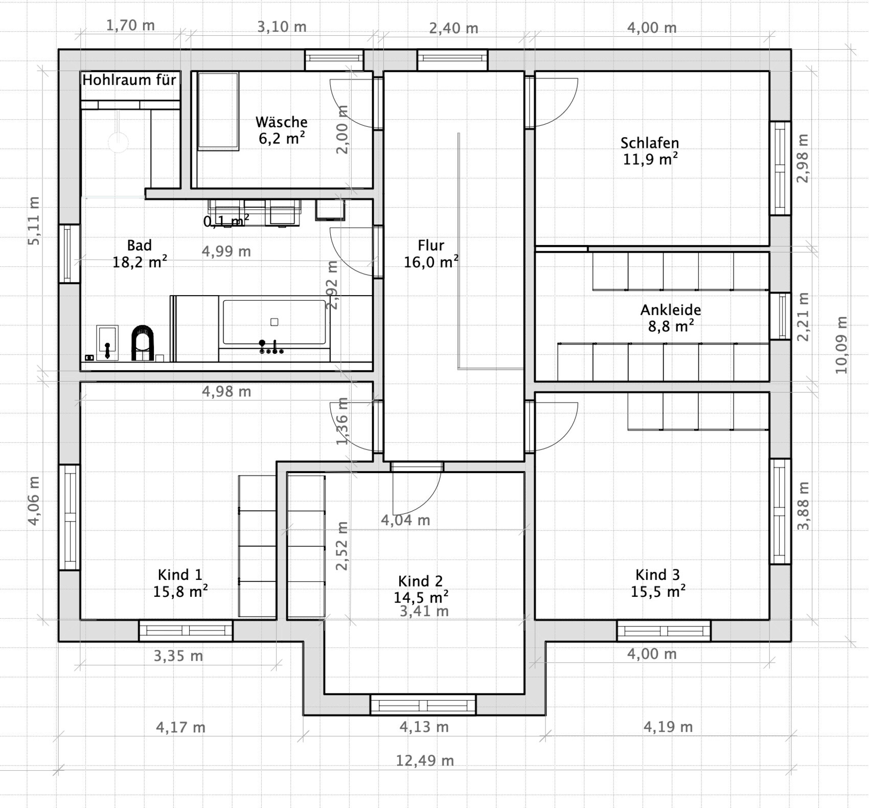 Grundriss eines Hauses mit Flur, Bad, Schlafzimmer, Ankleide und drei Kinderzimmern