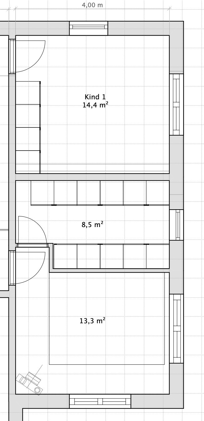 Grundrissplan eines Hauses mit drei Zimmern; Kind 1 14,4 m², weitere Räume.
