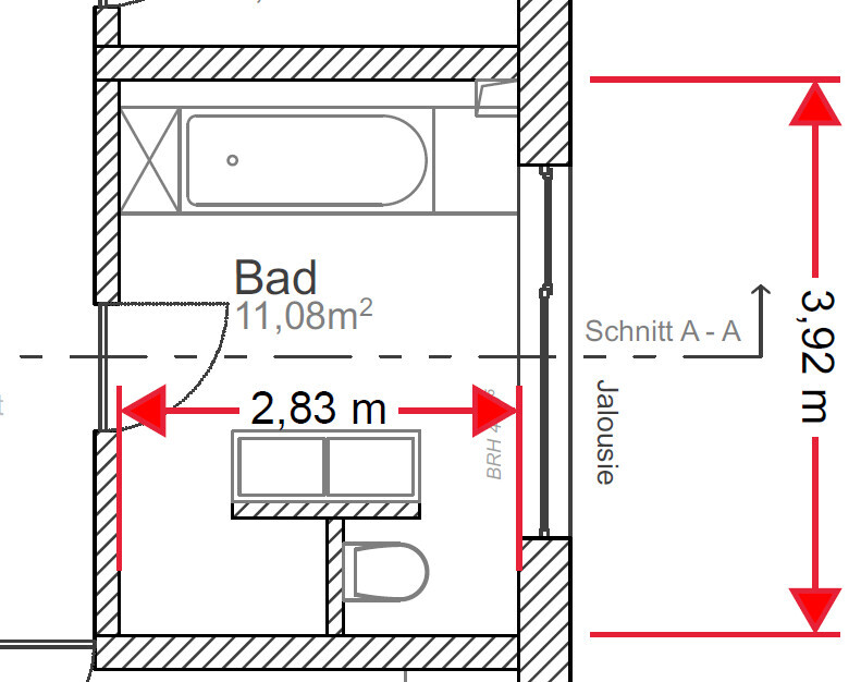 Bathroom floor plan with bathtub, toilet, and sink, width 2.83 m.