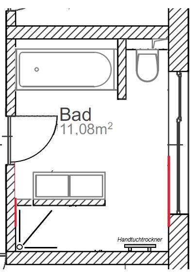 2D bathroom floor plan with bathtub, toilet, and washbasin, 11.08 m² (119.3 ft²)