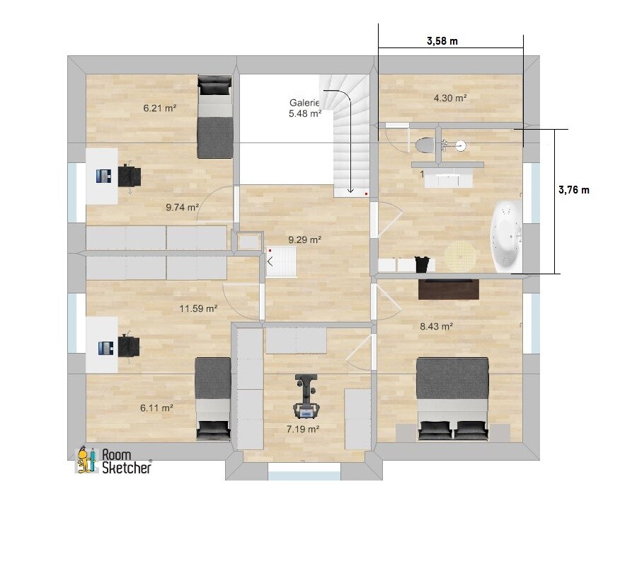 2D-Grundriss eines Hauses mit Zimmern, Fluren und Maßen in Quadratmetern