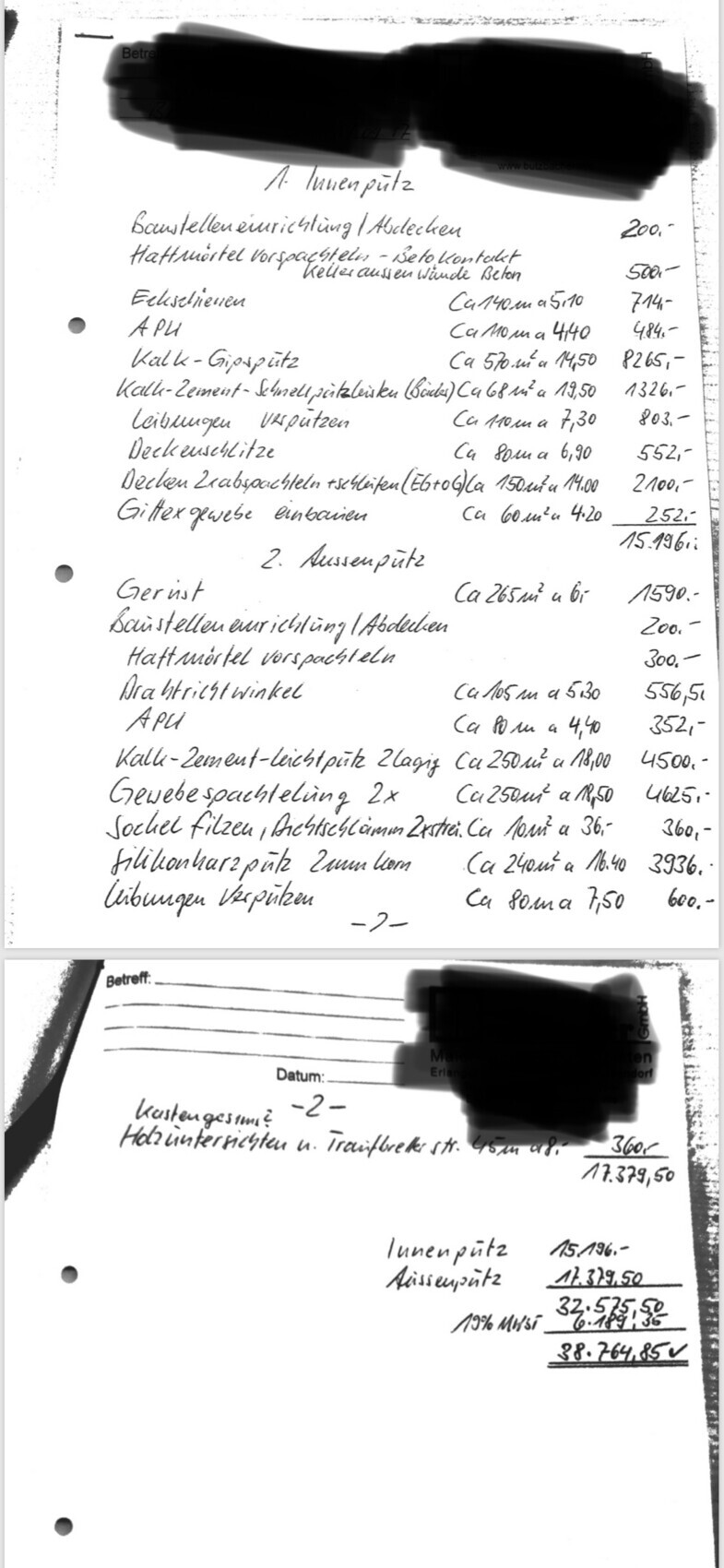 Handschriftliche Kostenliste für Innen- und Außenputz mit Preisen und Summe
