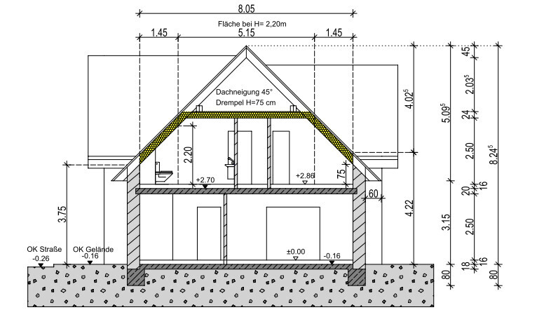 Cross-section through a two-story house with roof truss, roof pitch 45° and dimensions.