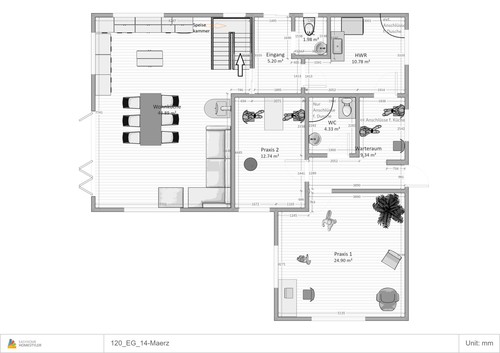 Floor plan of a house with living kitchen, practice rooms, bathroom, and entrance