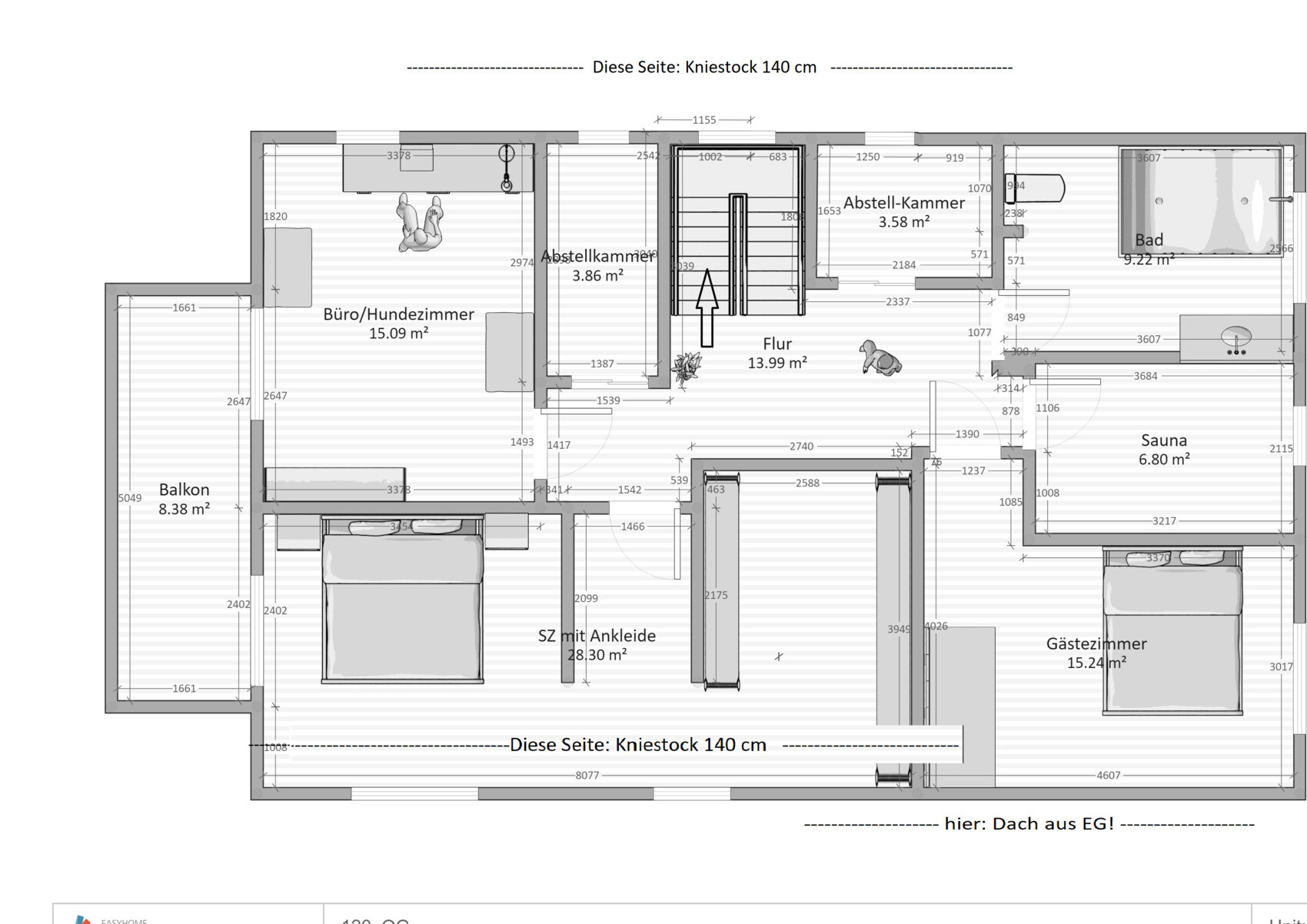 2D floor plan of a house with bedrooms, bathroom, sauna, and balcony