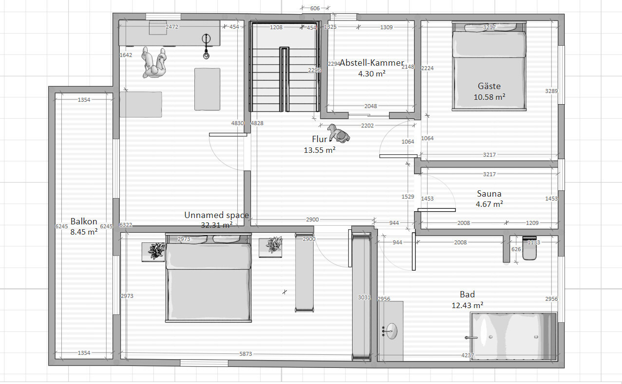 Floor plan of a house with balcony, bathroom, sauna, and bedroom
