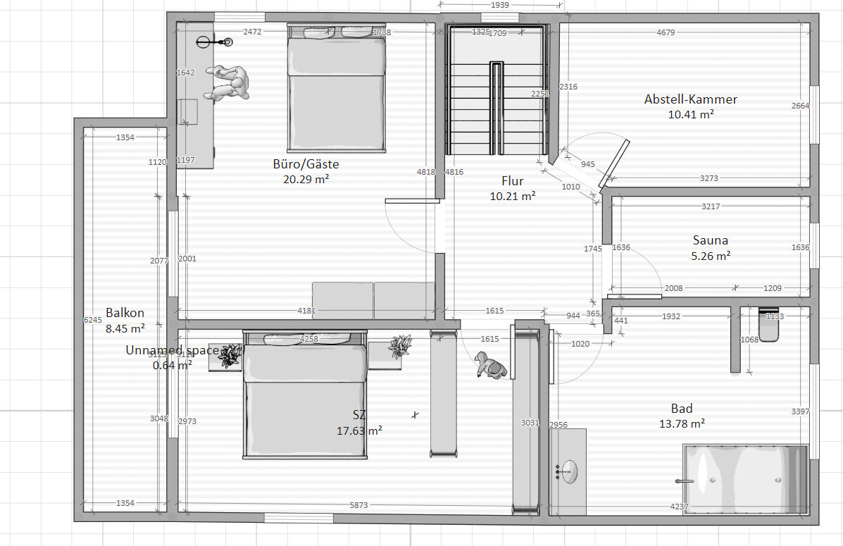 2D floor plan of a house with office, bedroom, bathroom, sauna, and balcony.