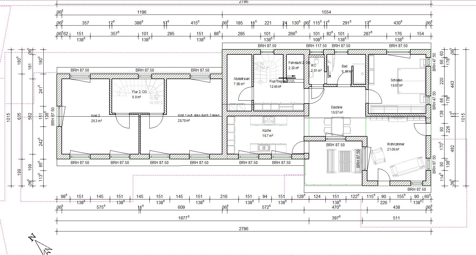 Floor plan of a house with hallway, kitchen, living room, bedroom, and kids' room.