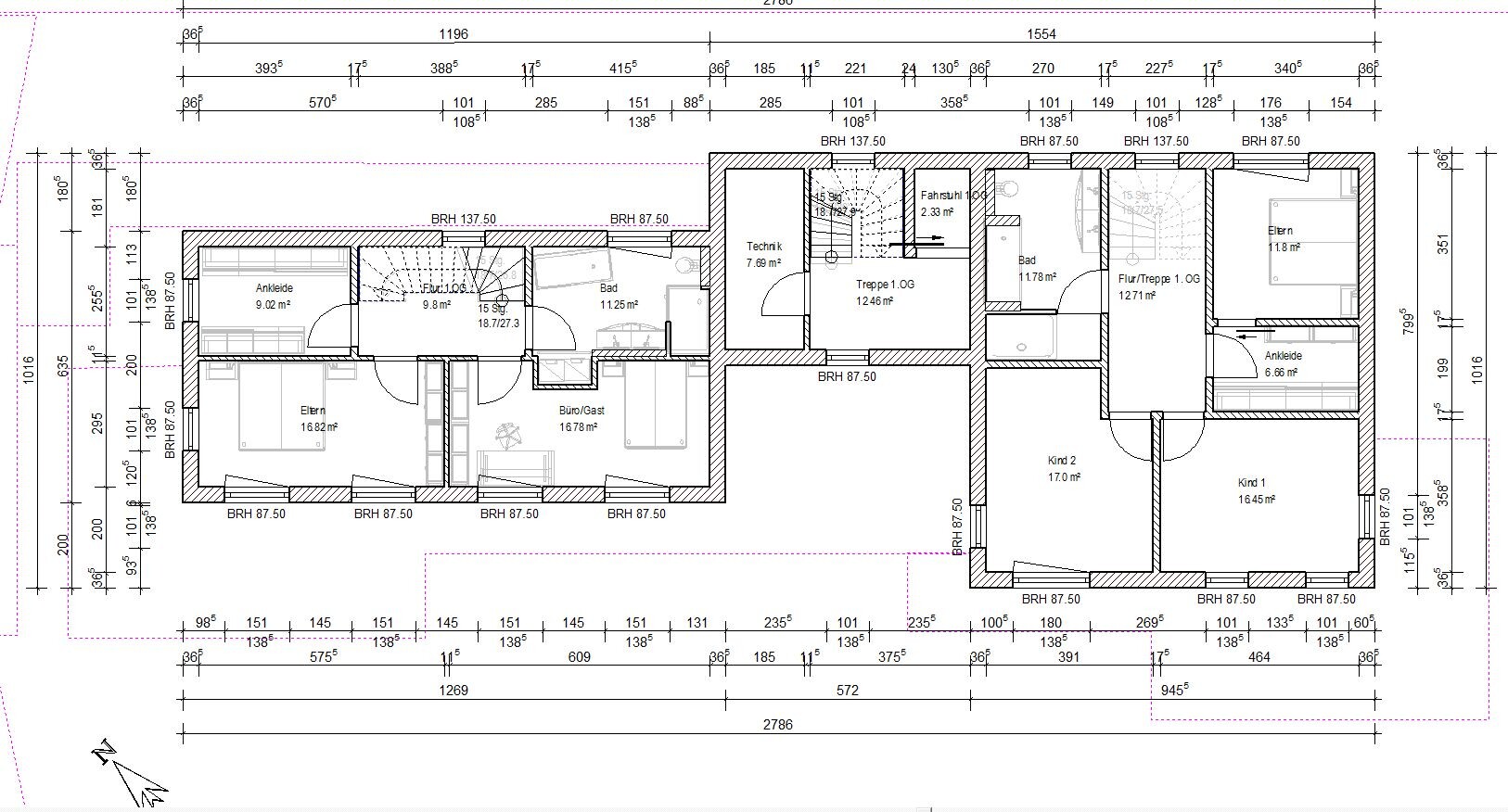 Detailed floor plan of a house with master bedroom, two kids’ rooms, hallway, bathroom, and utility room.