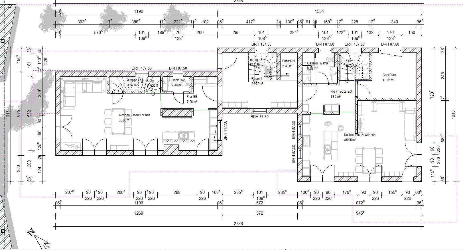 Floor plan of a house with two living areas: kitchen, living room, hallway, stairs, guest toilet.