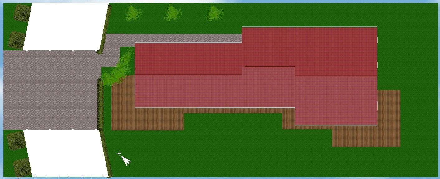 Top view: house with red tiled roof and wrap-around wooden terrace, driveway on the left, green lawn.