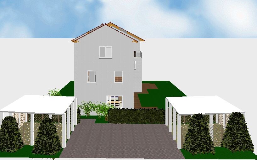 Multi-storey grey house with red roof, two carports, and green garden.