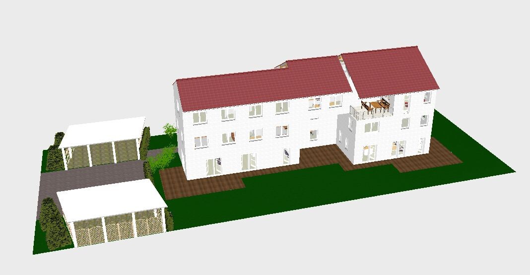 Large two-story house with red gable roof, terrace, garden, and carports.
