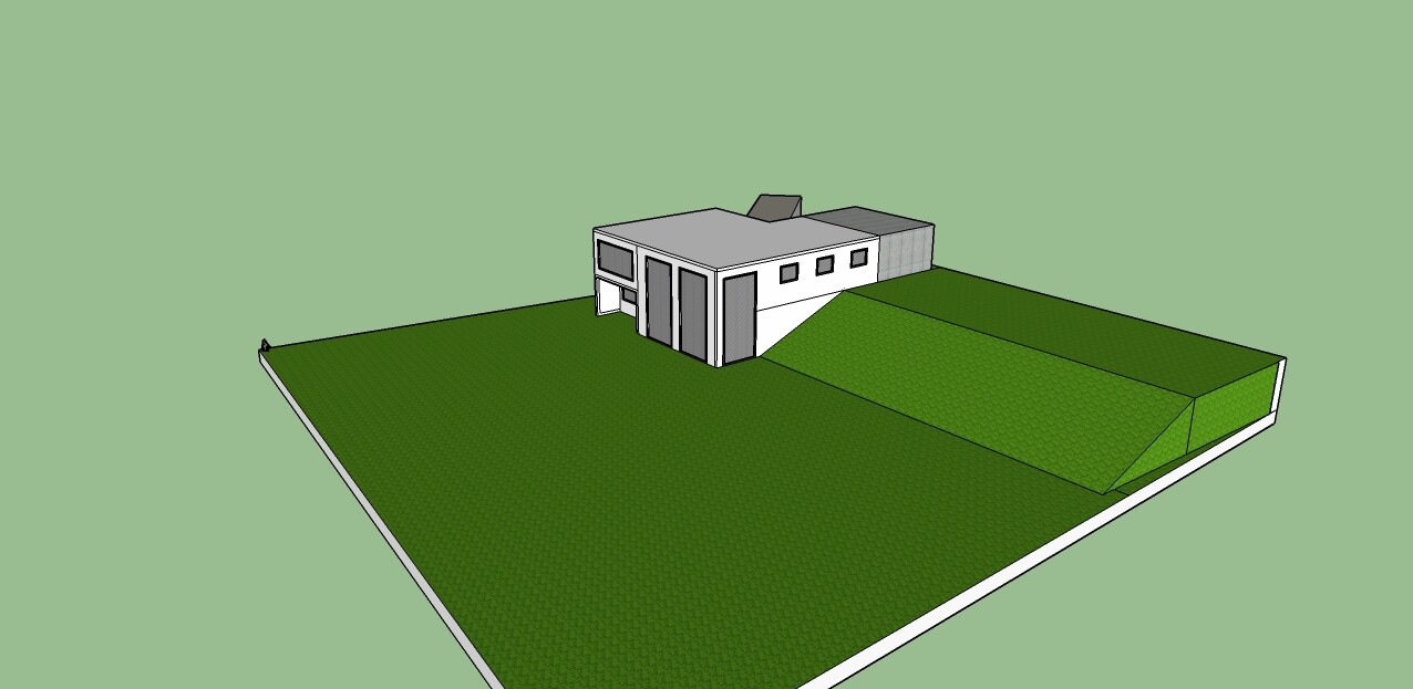 Modern single-family house with a flat roof on a large green property; isometric view.