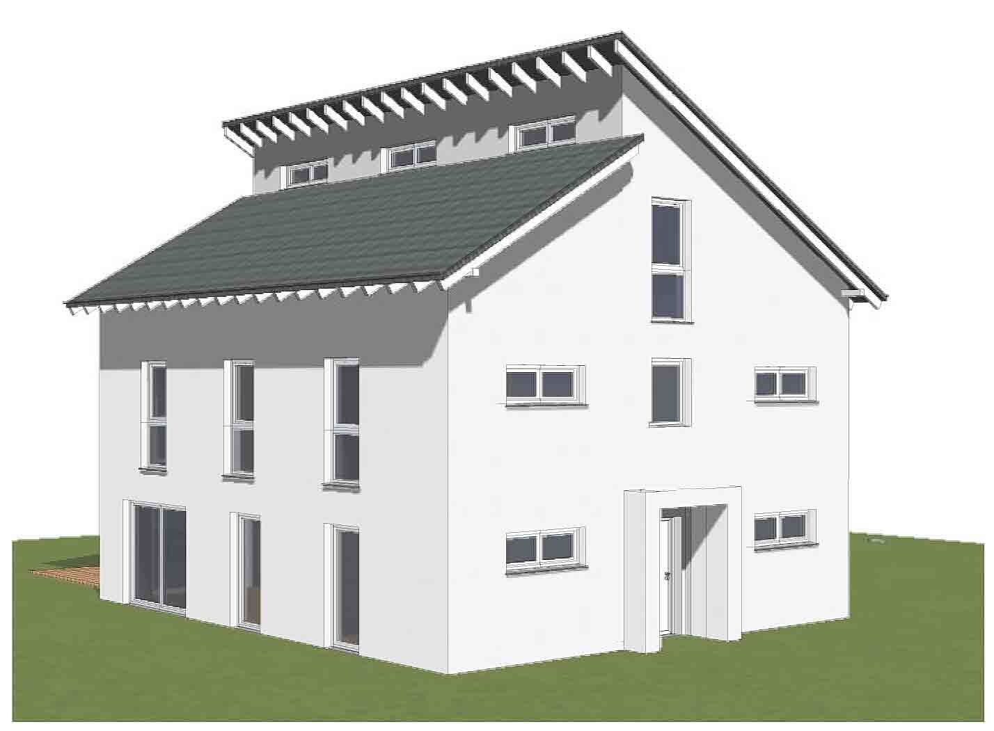 Modern, two-story white house facade with gray roof and many windows on green lawn.