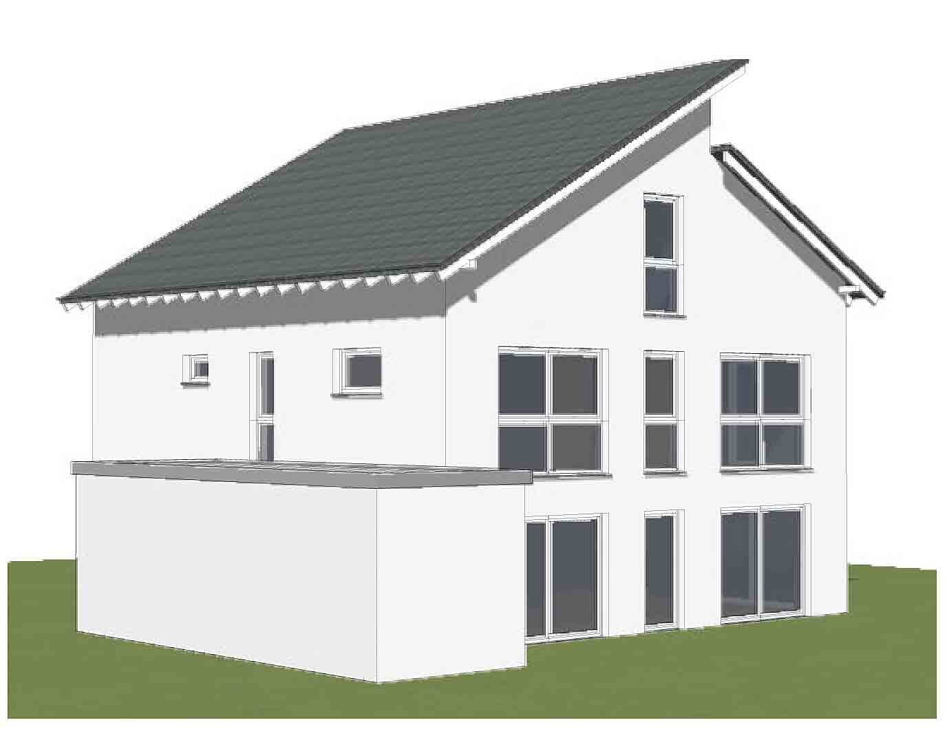 Two-story white house with flat-roof extension, many windows, on green grass.