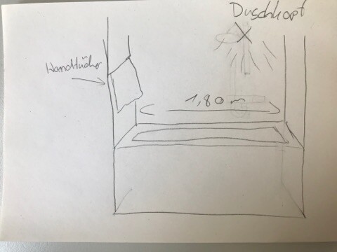 Hand-drawn bedroom sketch with bed, headboard, and wall mount.