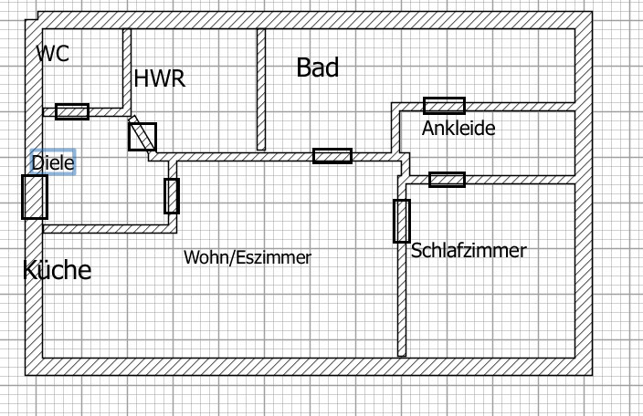 Floor plan of an apartment: kitchen, hallway, living/dining room, bathroom, WC, utility room, bedroom, walk-in closet.